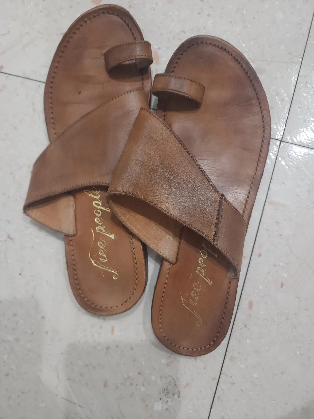 Free People Tan Leather Slide Sandals